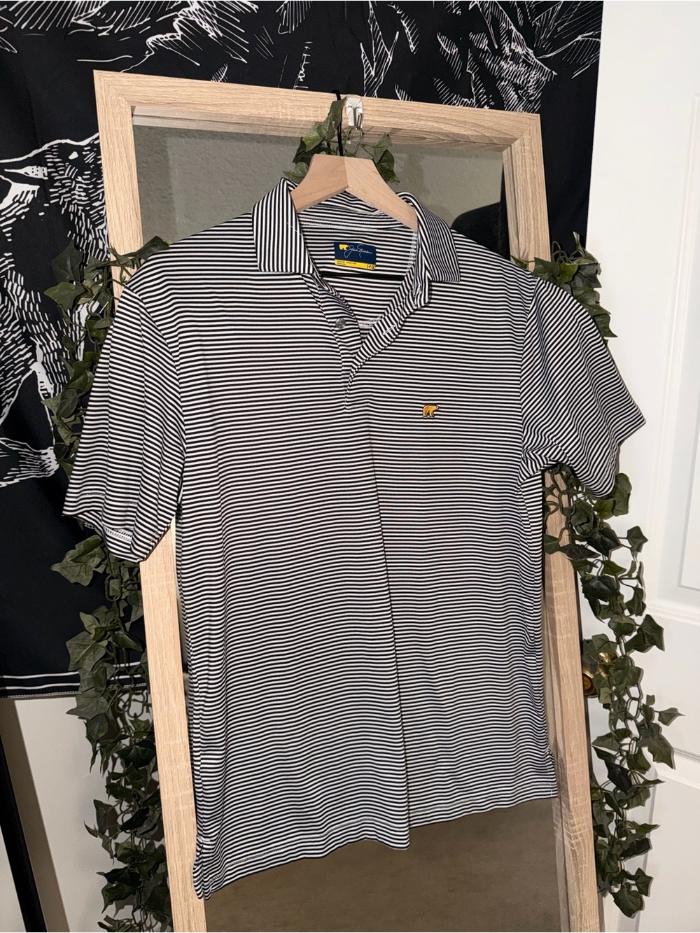 Mens Black and White Striped Polo Shirt with Small Embroidered Chest Logo